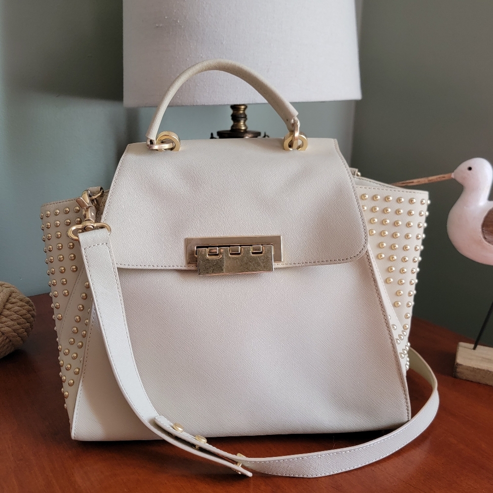 Zac Posen Eartha Studded Saffiano Leather Satchel Cream Crossbody Bag